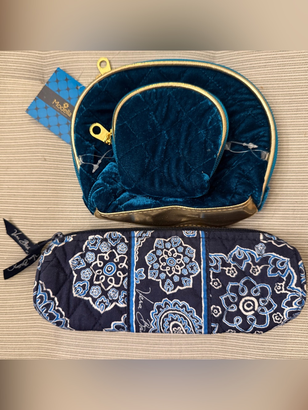 Vera Bradley Navy and Teal Velvet Travel Set